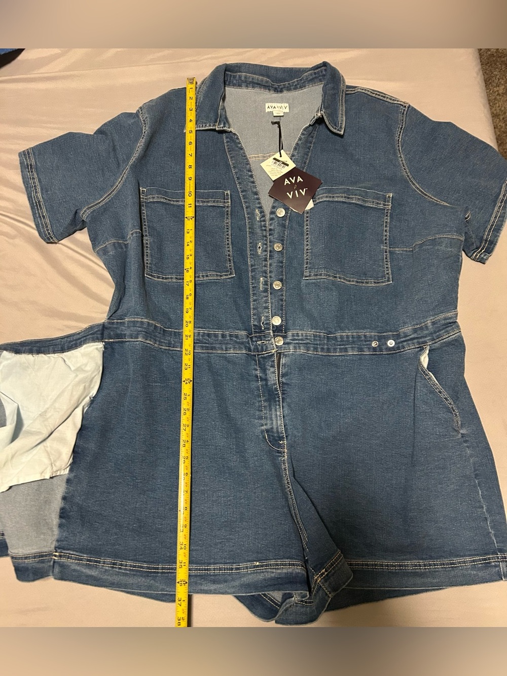 NWT-Ava & Viv Blue Denim Button-Front Short Sleeve Romper- size 3xl - Picture 6 of 9